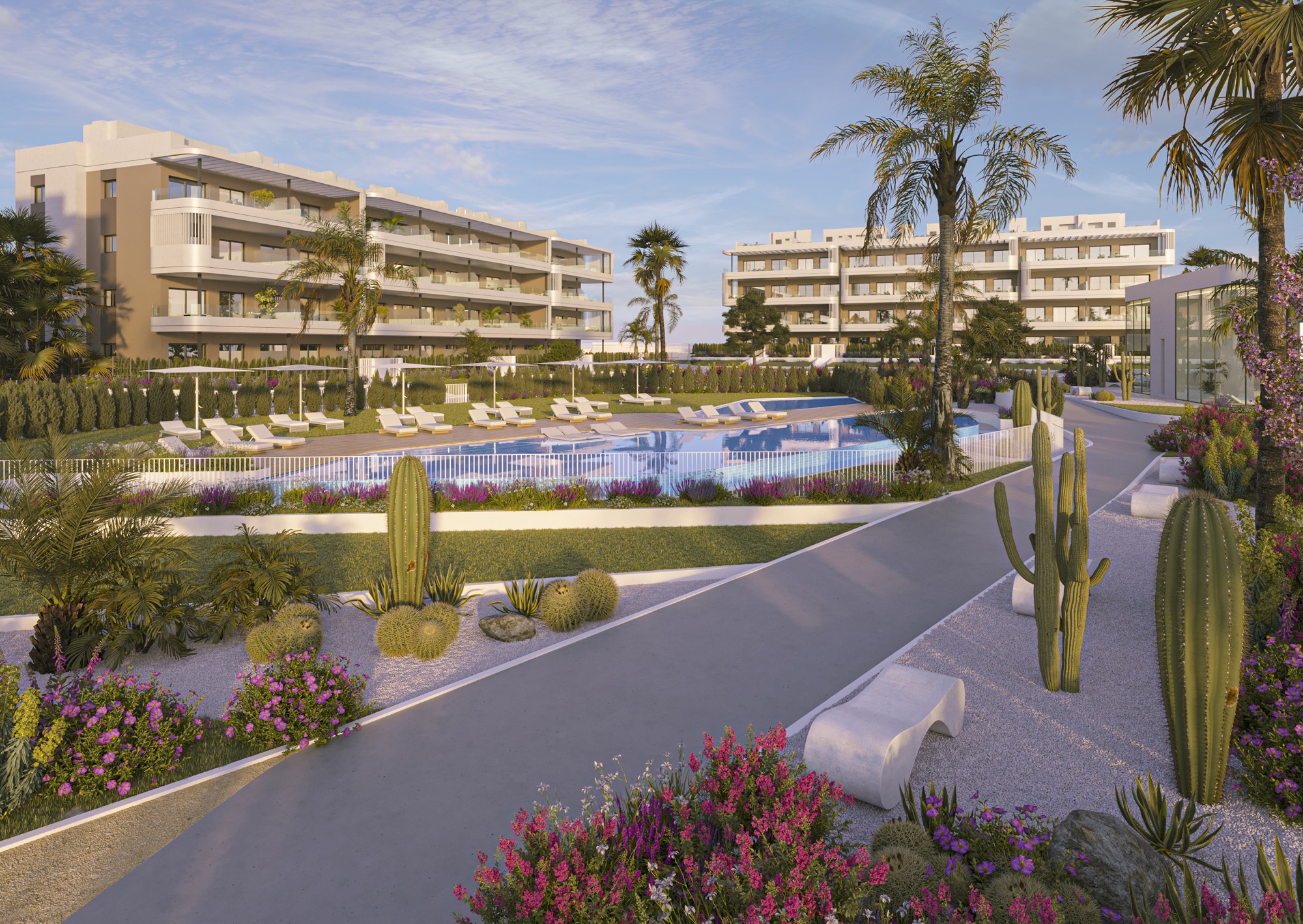 La Hoya Sunset Apartments gardens and pool area