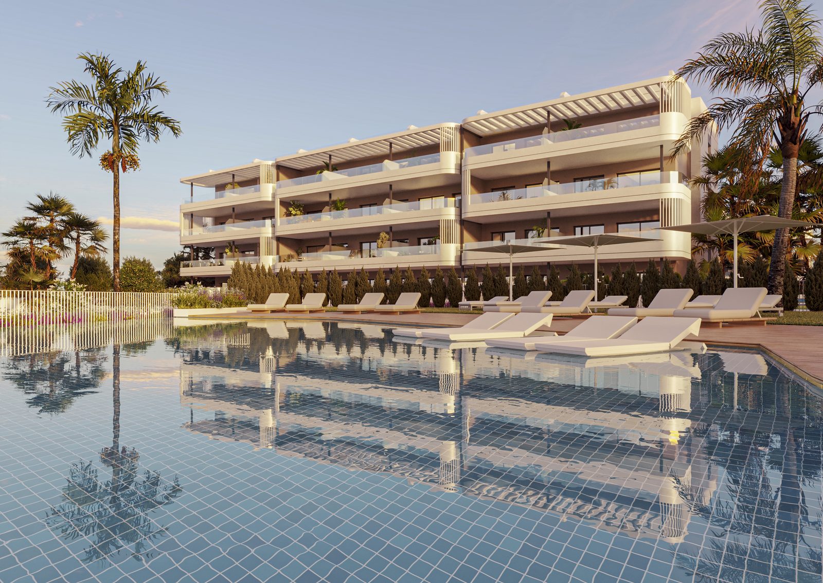 Pool and communal gardens at La Hoya Sunset Apartments
