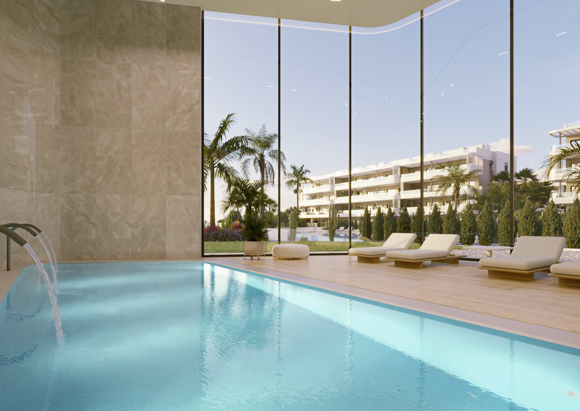 Spa-style pool area at La Hoya Sunset Apartments